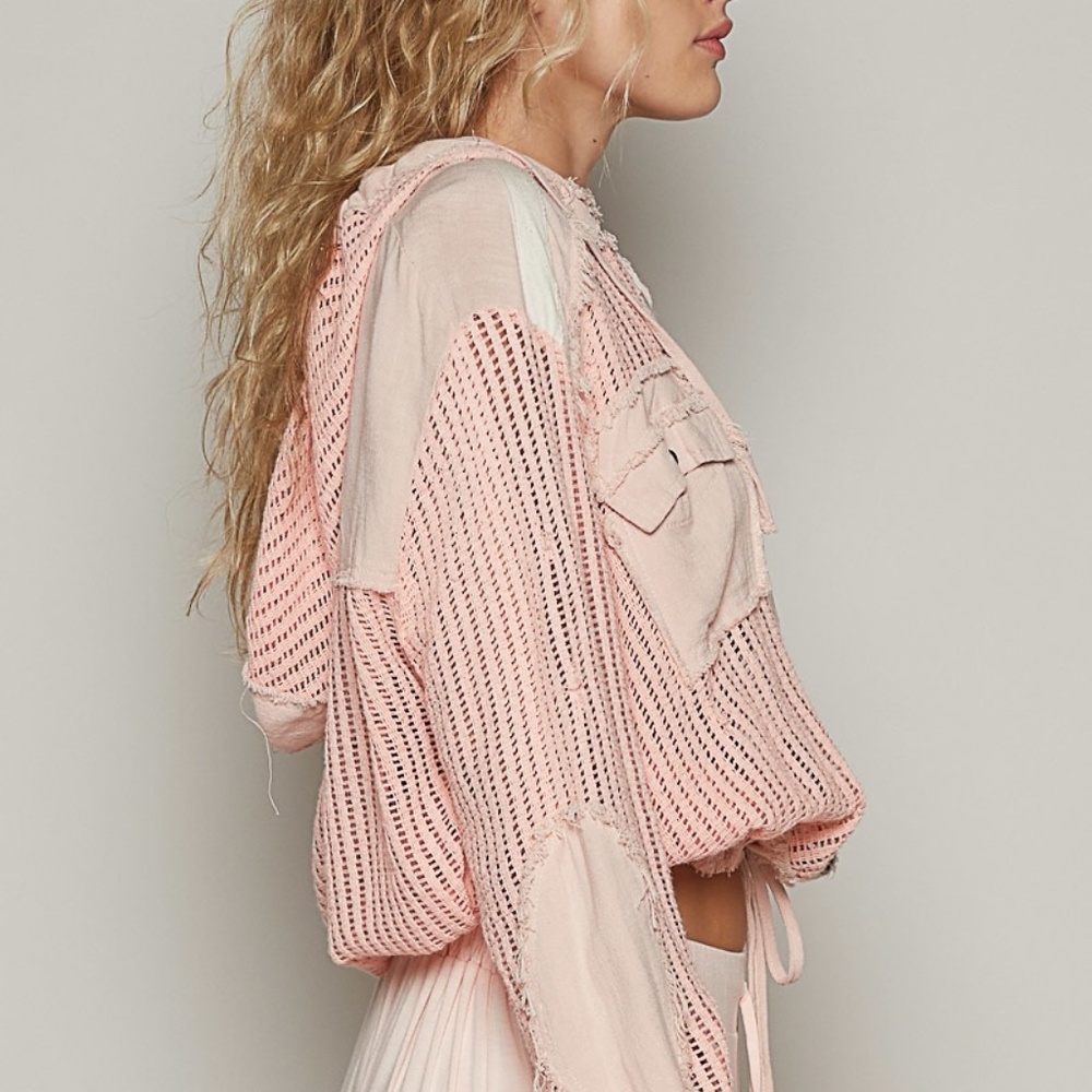 New POL Open Knit See Through Button Down Hoodie Top Frayed Edges Long Sleeve - Picture 2 of 5